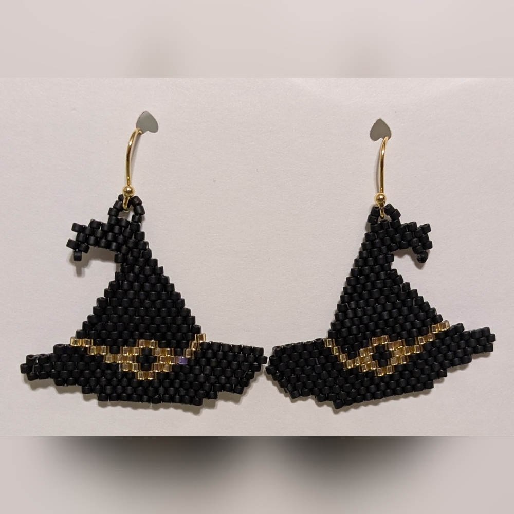 Gold and Black Beaded Witch Hat Earrings